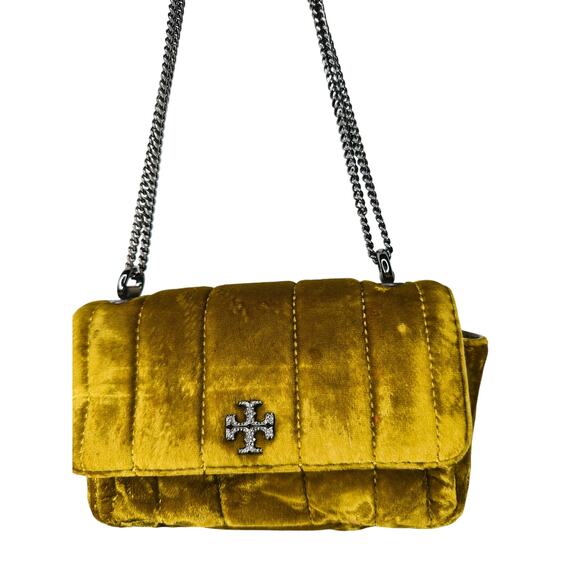 TORY BURCH Gold Velvet Clutch Flap Closure Attached Strap Mini Bag - Picture 4 of 16